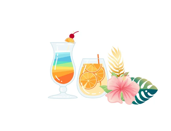 Dos Cócteles Exóticos Vidrio Transparente Con Flores Tropicales Vector Ilustración — Vector de stock