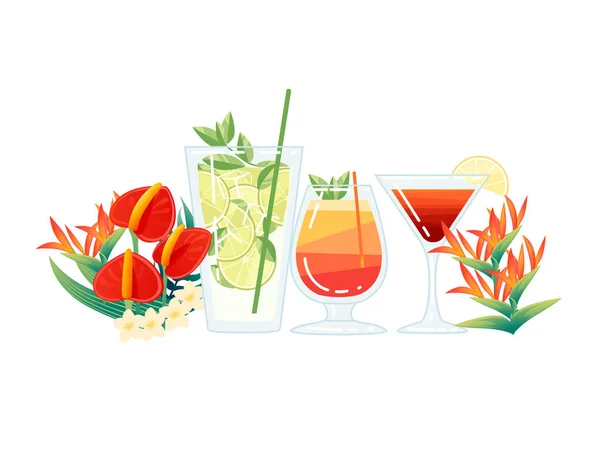 Tre Cocktail Esotici Vetro Trasparente Con Fiori Tropicali Illustrazione Vettoriale — Vettoriale Stock