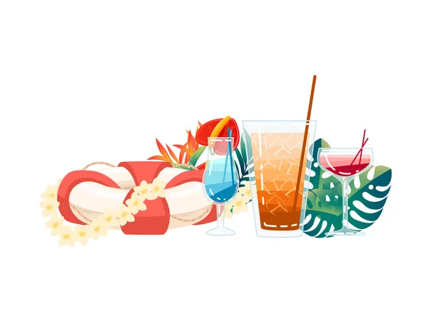 Tre Cocktail Esotici Vetro Trasparente Con Fiori Tropicali Illustrazione Vettoriale — Vettoriale Stock