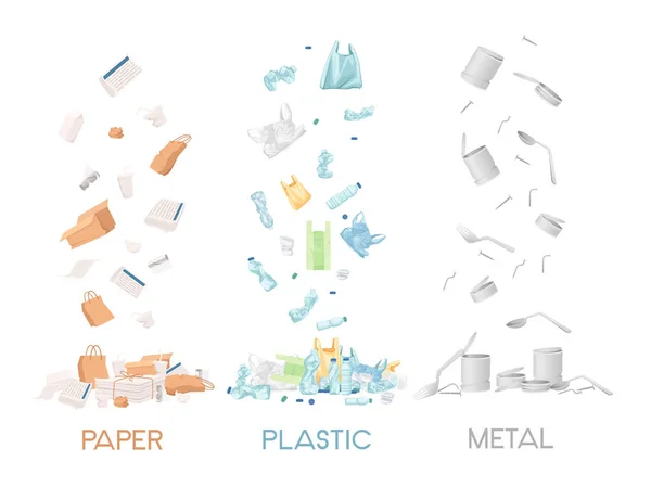 Tres Tipos Papel Basura Plástico Ilustración Vectores Residuos Metálicos Sobre — Vector de stock