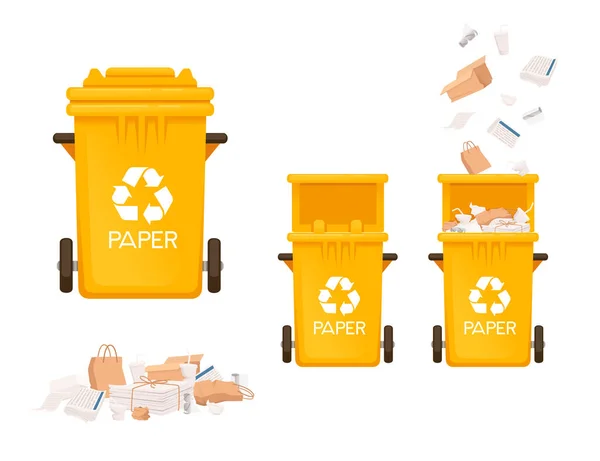 Gelbe Mülltonnen Für Papiersorten Abfallvektor Illustration Isoliert Auf Weißem Hintergrund — Stockvektor