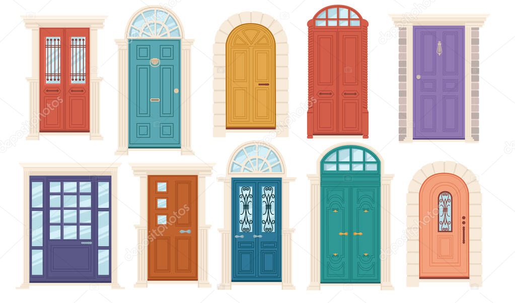 Set of different wooden doors with and without glass vector illustration on white background.