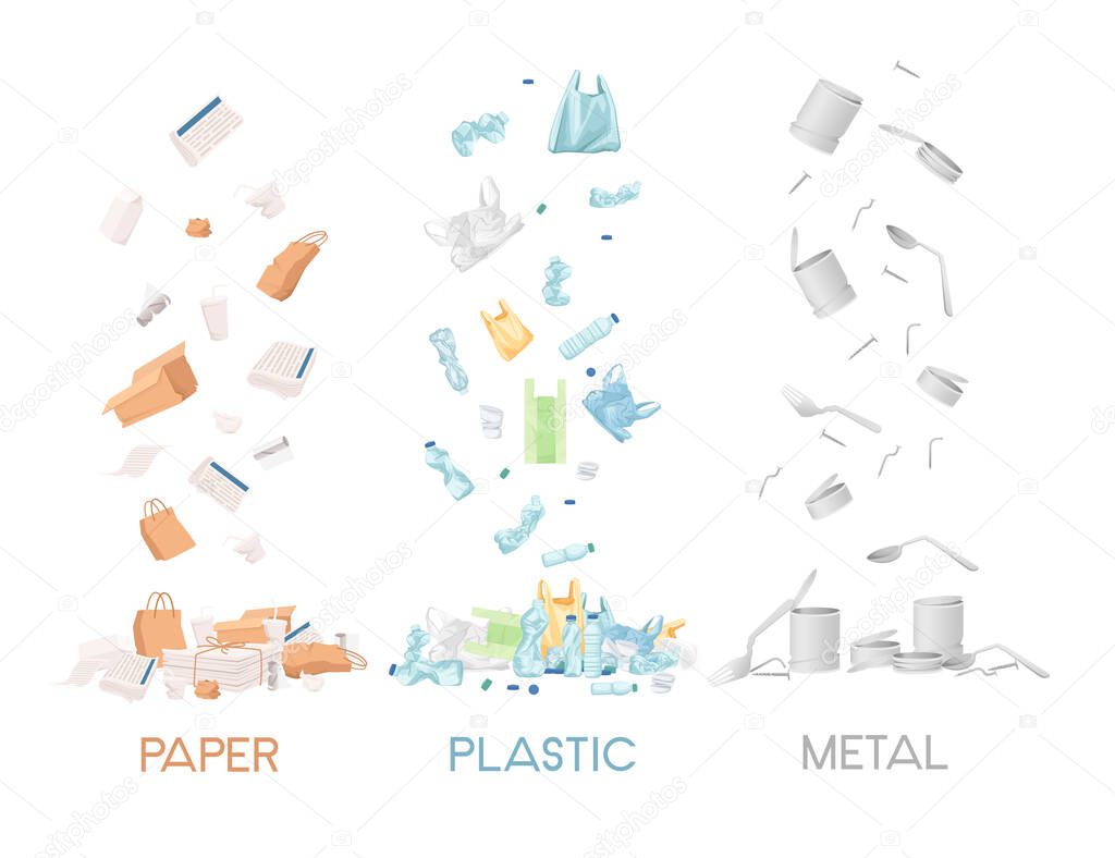 Three types of garbage paper plastic and metal waste vector illustration on white background.