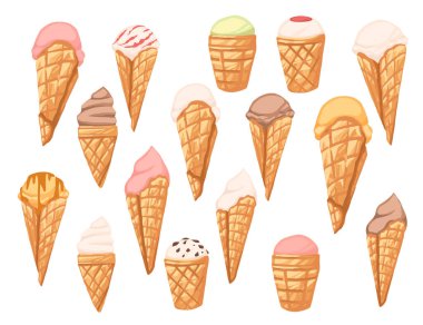 Beyaz arka planda farklı doldurma vektör illüstrasyonlu büyük dondurma külahları.