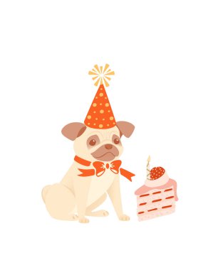 Doğum günü pastası, hayvan konsepti çizgi film, beyaz arka planda hayvan tasarımı tasarımı illüstrasyonuyla oturan tatlı pug dog..