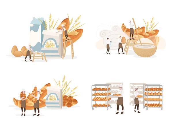 面包店制造商男女厨师烹调专业面包店卡通人物形象设计平面图白色背景 — 图库矢量图片