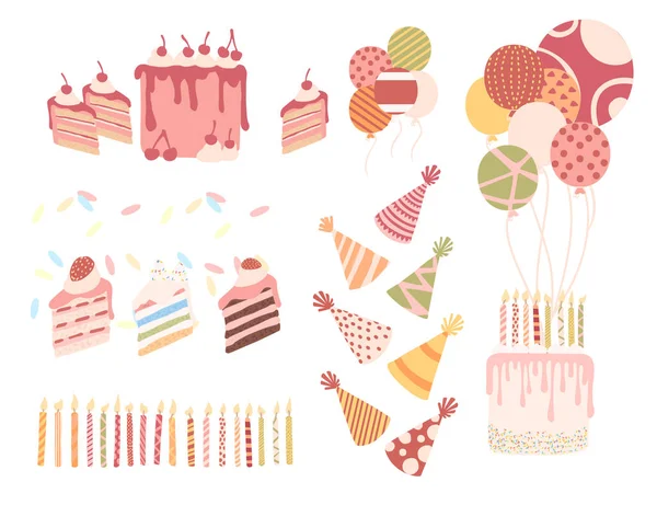 Conjunto Velas Listradas Bolo Aniversário Balões Aniversário Celebração Vetor Ilustração — Vetor de Stock