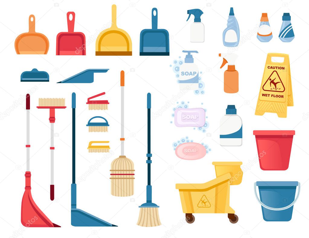 A set of items for cleaning and cleaning floors and disinfecting objects vector illustration isolated on white background.