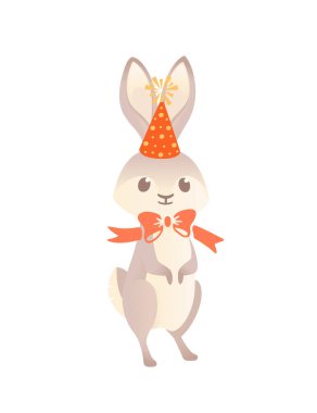 Beyaz arka planda şirin gri tavşancık ve kırmızı papyon çizgi film hayvan tasarım vektörü çizimi.