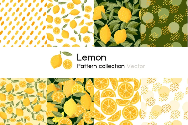 Mönster med sömlösa mönster samling av hela och hackad citron med blad eller inte vektor illustration på vit bakgrund. — Stock vektor