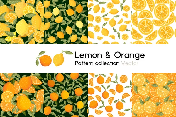 Motif avec motifs sans couture collection d'orange entière hachée et de citron avec des feuilles ou non illustration vectorielle sur fond blanc — Image vectorielle