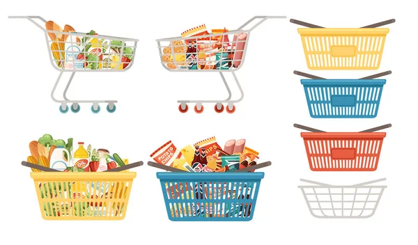 Ensemble de chariots et paniers avec illustration vectorielle des aliments isolés sur fond blanc — Image vectorielle