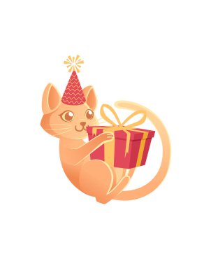 Beyaz arka planda hediye kutusu çizgi film hayvan tasarımı vektör illüstrasyonuyla oynayan külah şapkalı sevimli kedi.