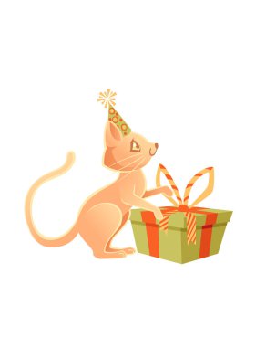 Beyaz arka planda hediye kutusu çizgi film hayvan tasarımı vektör illüstrasyonuyla oynayan külah şapkalı sevimli kedi.