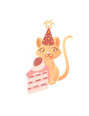 Külahta şapkalı şirin kedi beyaz arka planda lezzetli çilekli kek karikatür hayvan tasarım vektör çizimi yemeye hazır.