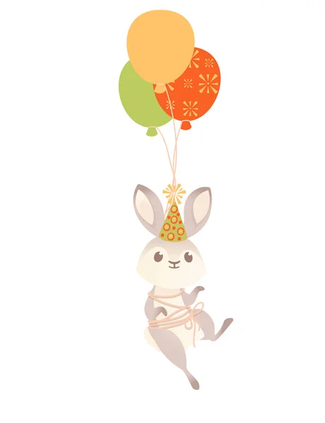 Χαριτωμένο γκρι λαγουδάκι με καπέλο κώνου που φέρουν σε μπαλόνια animation animal design διάνυσμα απεικόνιση σε λευκό φόντο — Διανυσματικό Αρχείο