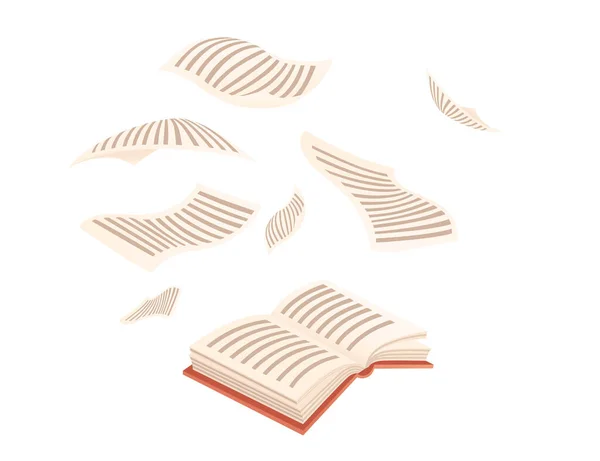 Geöffnetes Buch mit fliegenden Papierseiten Vektor-Illustration auf weißem Hintergrund — Stockvektor