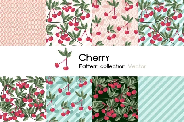 Muster mit nahtlosen Mustern Sammlung von roten Kirschbeeren mit Blättern Vektor Illustration auf weißem Hintergrund — Stockvektor