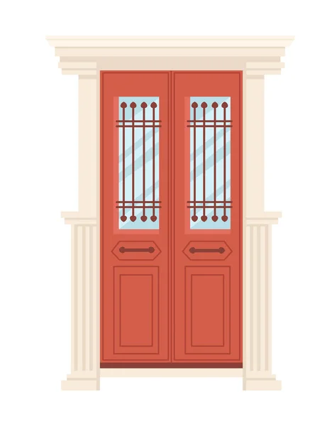 Porte rétro en bois rouge avec illustration vectorielle en verre sur fond blanc — Image vectorielle