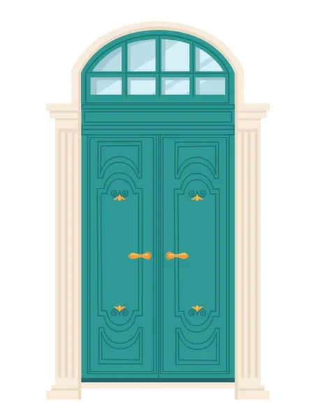 Puerta retro de madera turquesa con ilustración de vector de vidrio sobre fondo blanco — Vector de stock