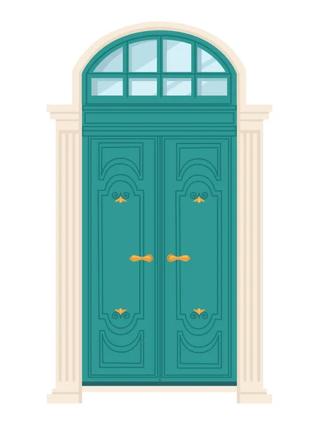 Porta retro de madeira turquesa com ilustração vetorial de vidro sobre fundo branco — Vetor de Stock