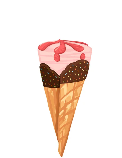 Cono de helado con ilustración de vectores de chocolate y mermelada aislada sobre fondo blanco — Vector de stock