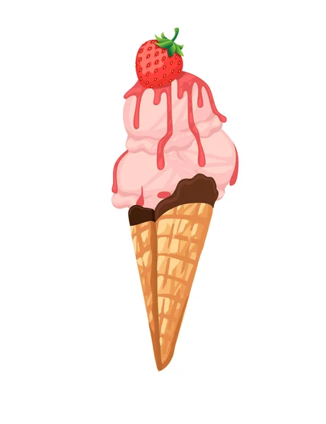 Zmrzlinový kužel s jahodovým džemem vektorové ilustrace izolované na bílém pozadí — Stockový vektor