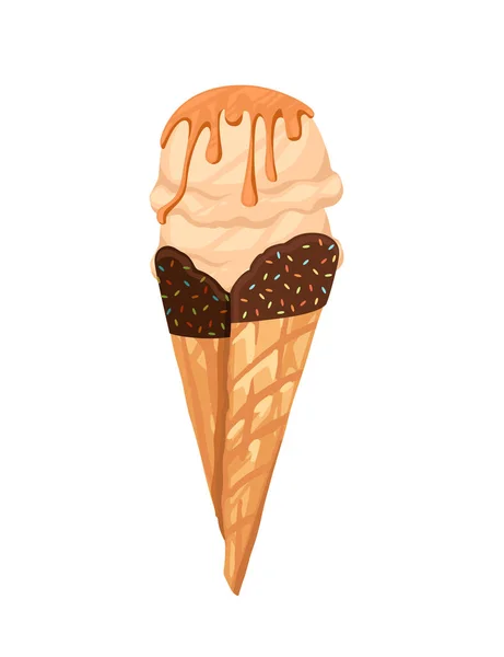 Cono de helado con ilustración de vectores de caramelo y chocolate aislado sobre fondo blanco — Vector de stock