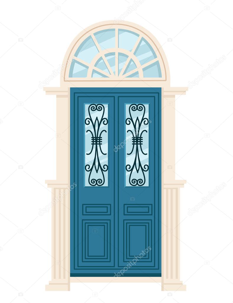 Blue wooden retro door with glass vector illustration on white background