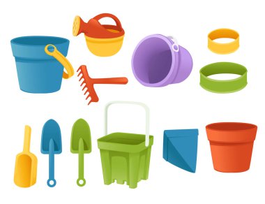 Plastik oyuncak koleksiyonu. Kum havuzunda oynayan kürek ve tırmık. Ya da beyaz arka planda plaj vektör çizimi..