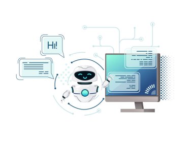 Modern robot maskotu beyaz arkaplanda yardımcı konsept vektör çizimi.