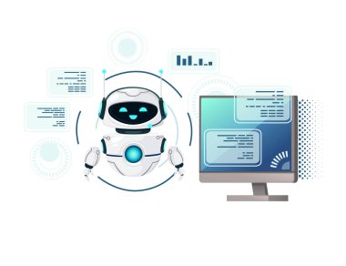 Modern robot maskotu beyaz arkaplanda yardımcı konsept vektör çizimi.