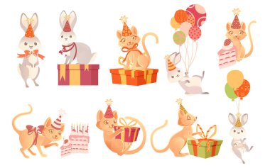 Doğum günü külahı şapkası takan ve beyaz arka planda hayvan tasarım vektör çizimi sunan bir grup sevimli hayvan.