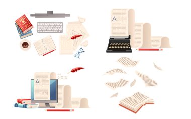 Beyaz arkaplan üzerine kitap kağıdı ve bilgisayar vektör illüstrasyonuyla eğitim için ofis çalışma yeri.
