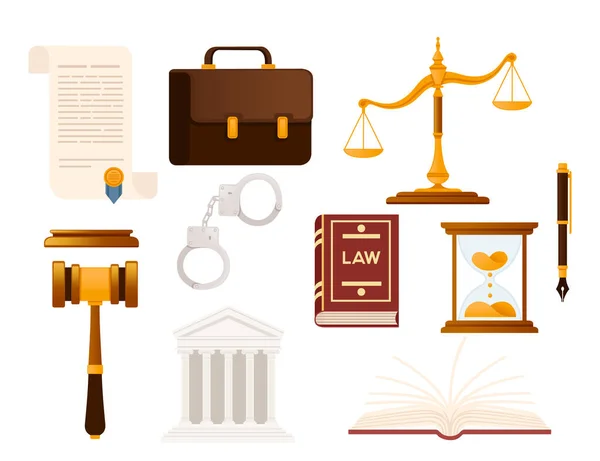 Set Icone Giustizia Giustizia Scala Martello Libro Leggi Altri Vettoriale — Vettoriale Stock