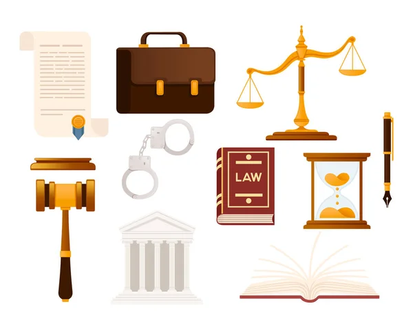 Conjunto Ley Justicia Iconos Libro Leyes Escalas Martillo Otros Vector — Archivo Imágenes Vectoriales