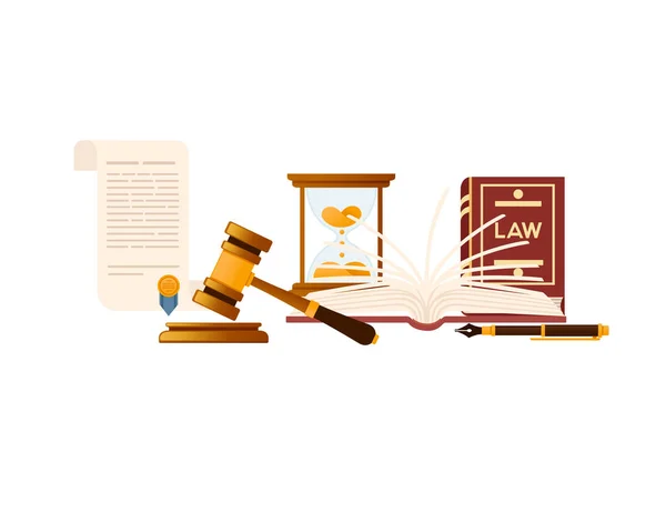 开放图书裁判的锤击沙漏和白色背景下的法律书籍矢量插图 — 图库矢量图片