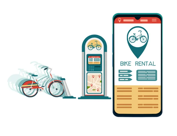 Fahrradverleih Dock Station Mit Moderner Stadt Elektro Fahrrad Smartphone App — Stockvektor