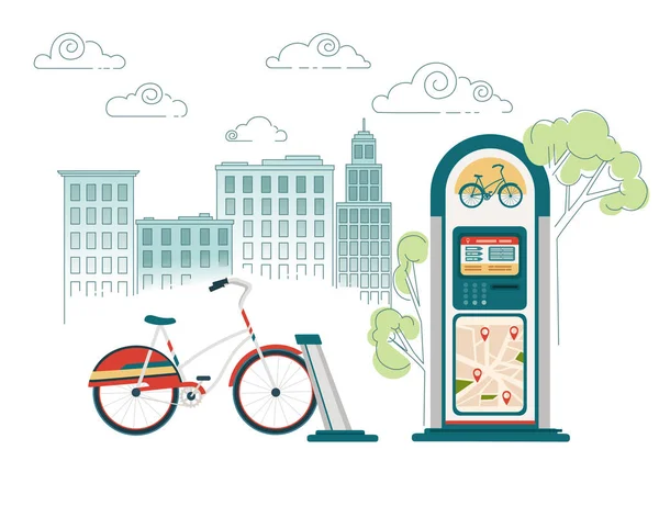 Станция Проката Велосипедов Картой Современной Городской Электрической Велосипедной Векторной Иллюстрацией — стоковый вектор