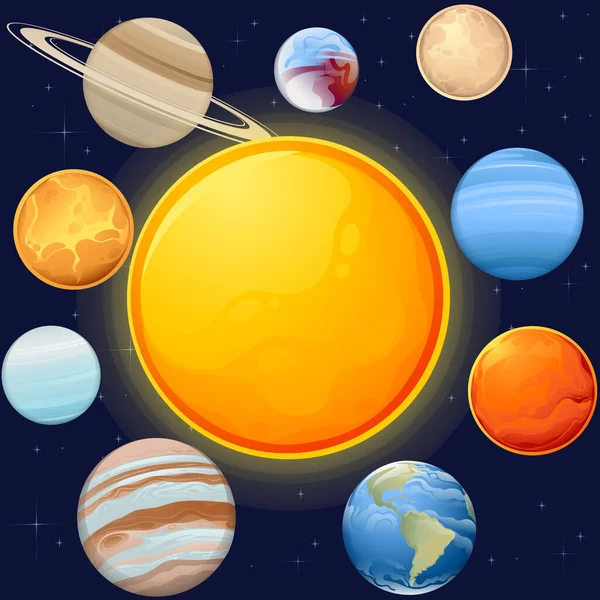 Sistema Solar Con Sol Planetas Objetos Espaciales Ilustración Vectorial Cielo — Vector de stock