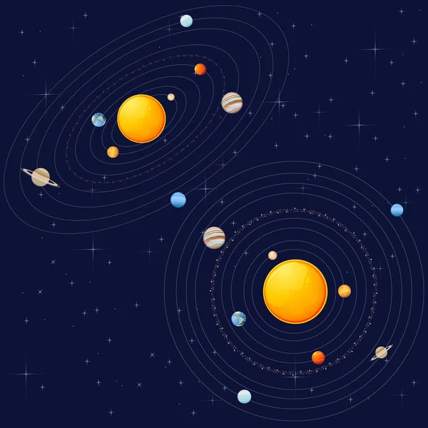 太陽と惑星の宇宙物体を持つ太陽系背景を持つ暗い深い空のベクトルイラスト — ストックベクタ