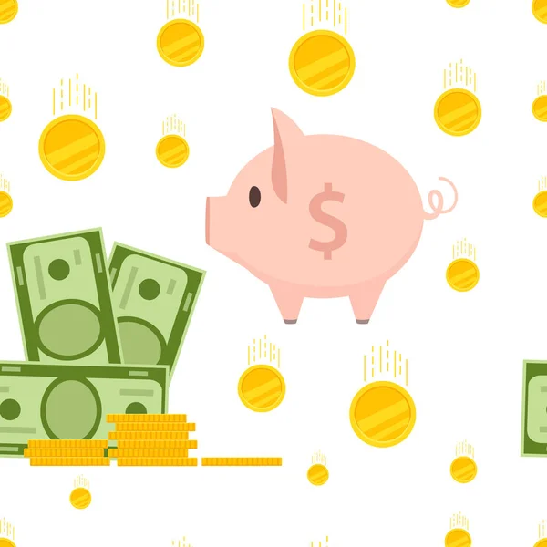 Naadloos Patroon Roze Spaarvarken Bank Met Papier Dollars Vector Illustratie — Stockvector