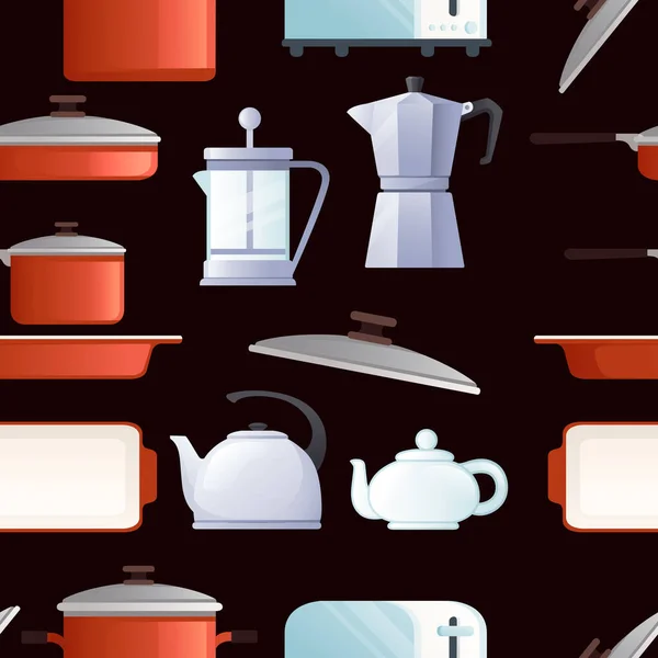 Nahtlose Muster Verschiedener Arten Teekannen Elektrische Kaffeekanne Keramik Und Wasserkocher — Stockvektor