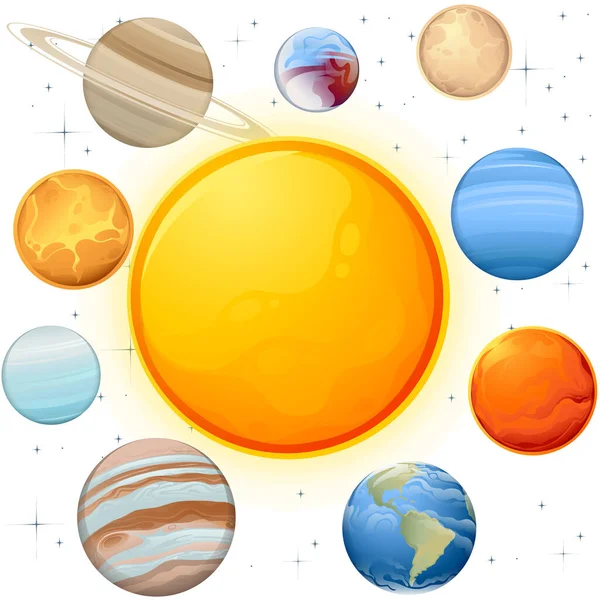 Sistema Solar Com Sol Planetas Objetos Espaciais Ilustração Vetorial Branco — Vetor de Stock