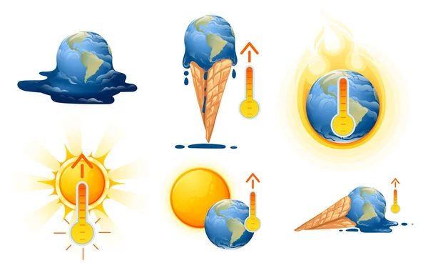 Conjunto Concepto Calentamiento Global Que Derrite Planeta Tierra Cono Del — Archivo Imágenes Vectoriales