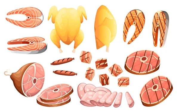 Set Different Types Meat Chicken Pig Beef Fish Vector Illustration — Stock Vector