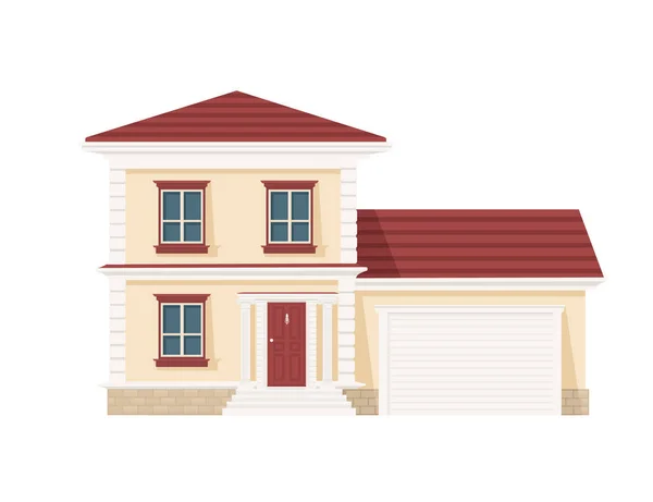 Kapı pencereleri ve garaj kapısı olan yazlık ev. Beyaz arka planda kırmızı bej renkli iskan vektör çizimi. — Stok Vektör