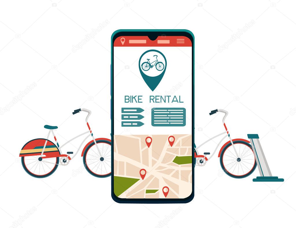 Bike rental smartphone application with map and menu vector illustration on white backgorund.