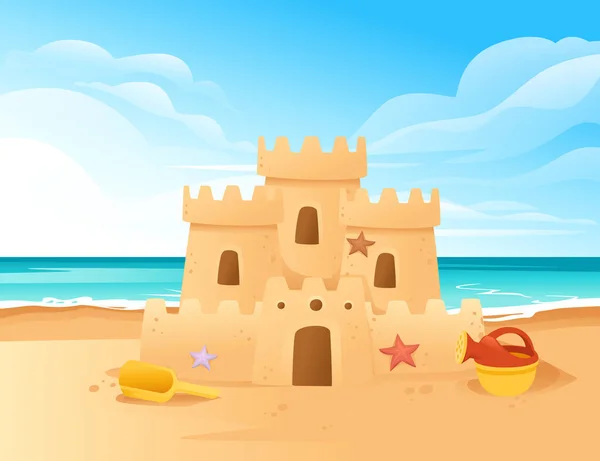 Sandcastle on the beach happy childhood hobby building vector illustration with beachside and clear sky — Stock Vector