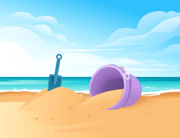 Shovel and bucket toy on beach happy childhood hobby building sandcastle vector illustration with beachside and clear sky — Stock Vector